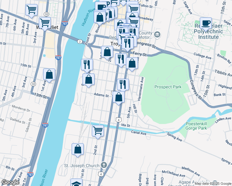 map of restaurants, bars, coffee shops, grocery stores, and more near in Troy