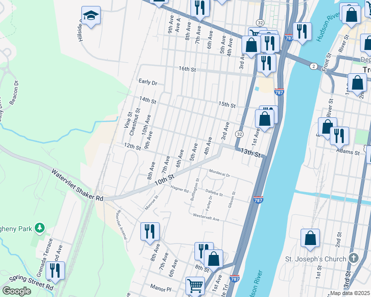 map of restaurants, bars, coffee shops, grocery stores, and more near 1205 6th Avenue in Watervliet
