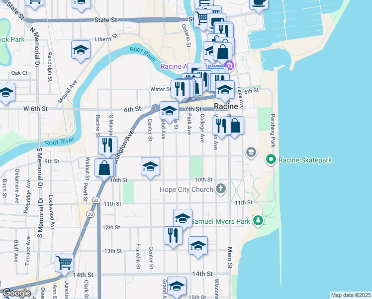 map of restaurants, bars, coffee shops, grocery stores, and more near 846 Park Avenue in Racine