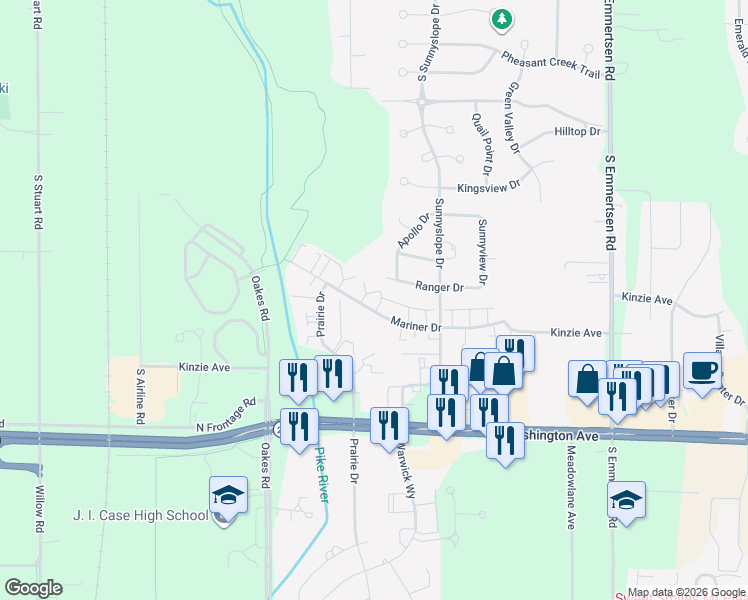 map of restaurants, bars, coffee shops, grocery stores, and more near 6929 Mariner Drive in Racine