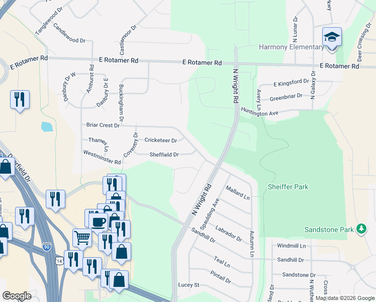 map of restaurants, bars, coffee shops, grocery stores, and more near 3634 Sheffield Drive in Janesville
