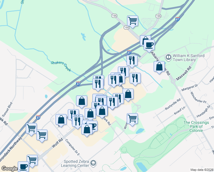 map of restaurants, bars, coffee shops, grocery stores, and more near 186 Wolf Road in Colonie