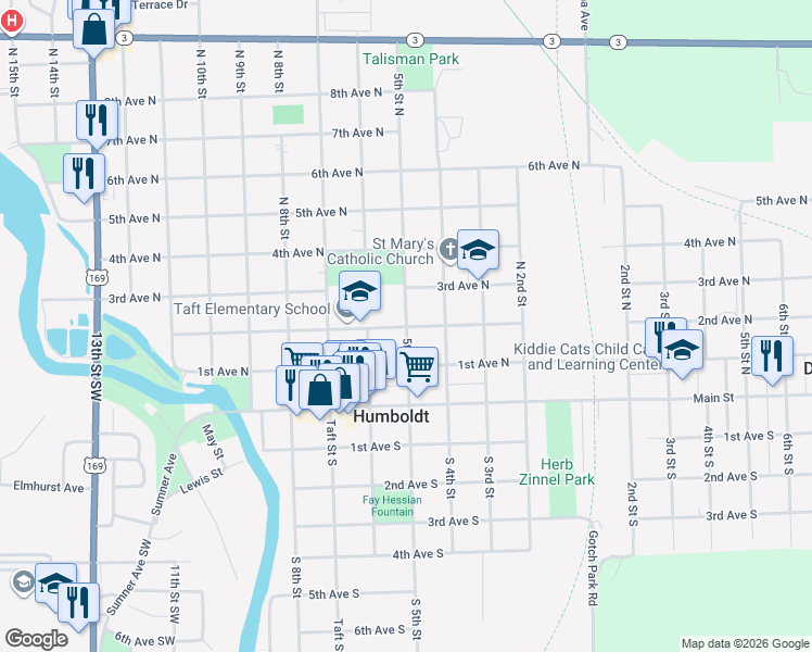map of restaurants, bars, coffee shops, grocery stores, and more near 200 5th Street North in Humboldt