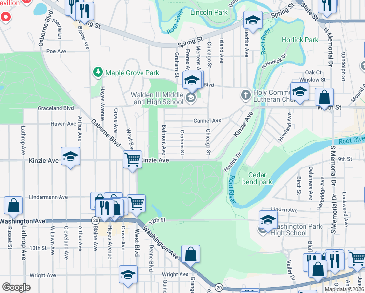 map of restaurants, bars, coffee shops, grocery stores, and more near 2398 Hansen Avenue in Racine