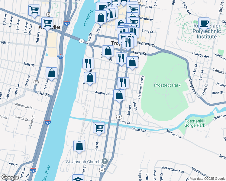 map of restaurants, bars, coffee shops, grocery stores, and more near 10 Washington Place in Troy
