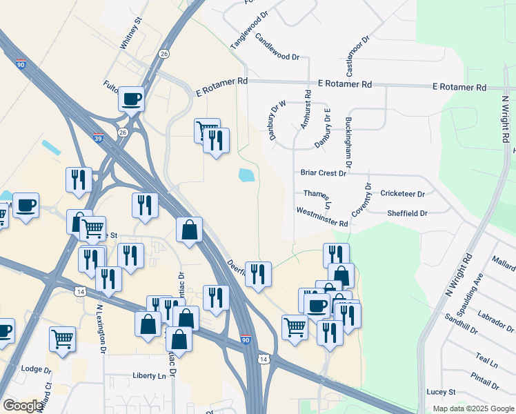 map of restaurants, bars, coffee shops, grocery stores, and more near Ice Age National Scenic Trail in Janesville