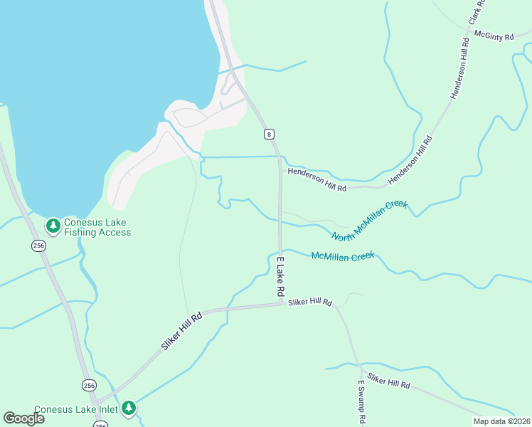 map of restaurants, bars, coffee shops, grocery stores, and more near 6150 East Lake Road in Conesus