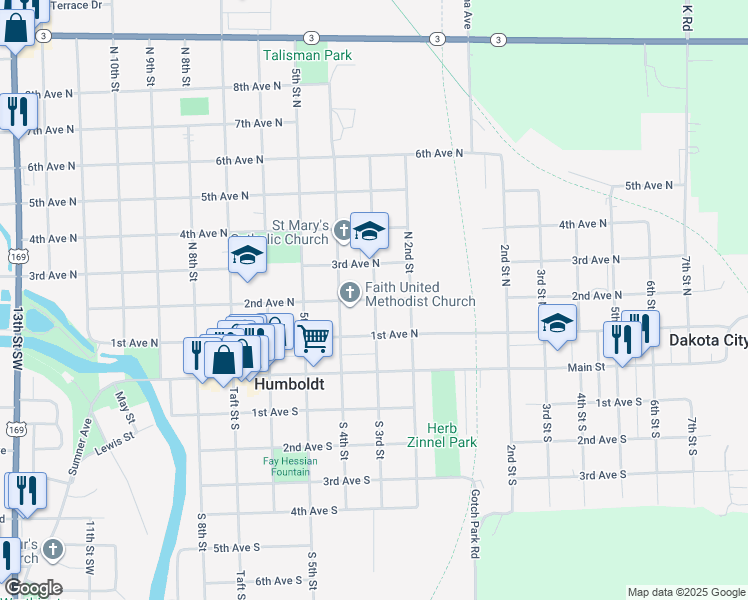 map of restaurants, bars, coffee shops, grocery stores, and more near 198 N 3rd St in Humboldt