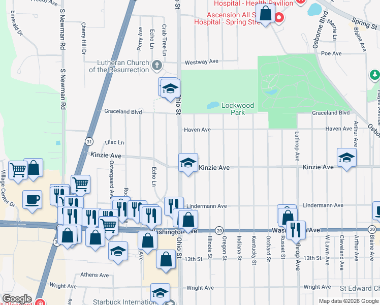 map of restaurants, bars, coffee shops, grocery stores, and more near 825 Ohio Street in Racine