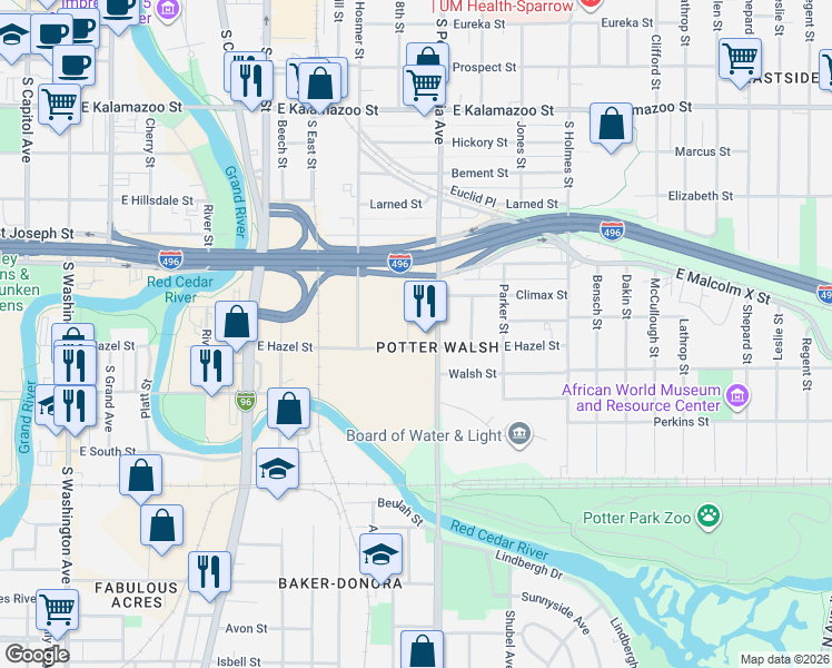 map of restaurants, bars, coffee shops, grocery stores, and more near in Lansing