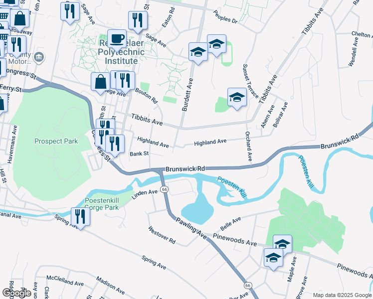 map of restaurants, bars, coffee shops, grocery stores, and more near 29 Brunswick Road in Troy