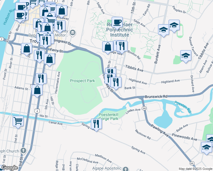 map of restaurants, bars, coffee shops, grocery stores, and more near 28 Marshall Street in Troy
