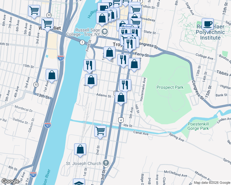 map of restaurants, bars, coffee shops, grocery stores, and more near in Troy