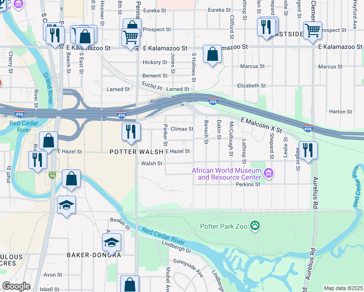 map of restaurants, bars, coffee shops, grocery stores, and more near 1236 East Hazel Street in Lansing