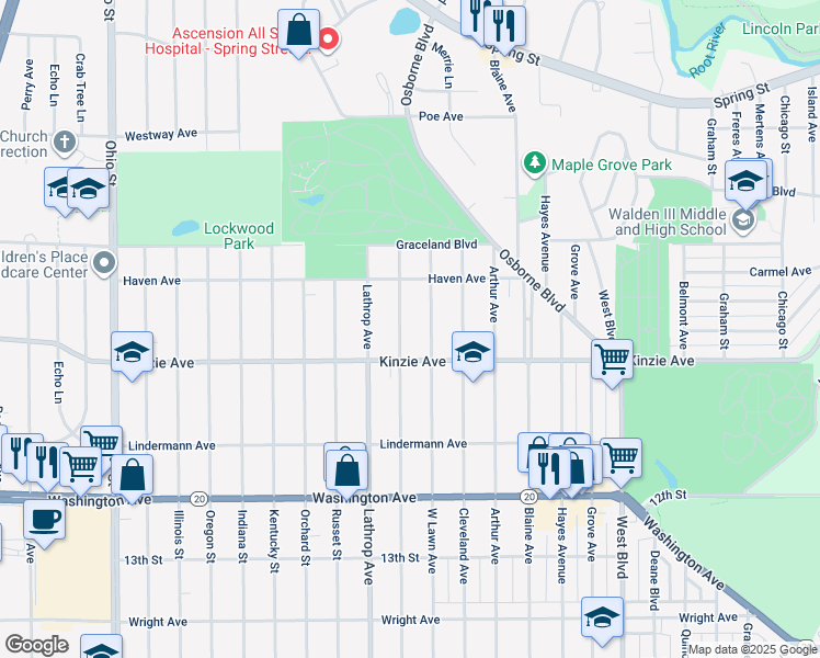 map of restaurants, bars, coffee shops, grocery stores, and more near 824 Monroe Avenue in Racine
