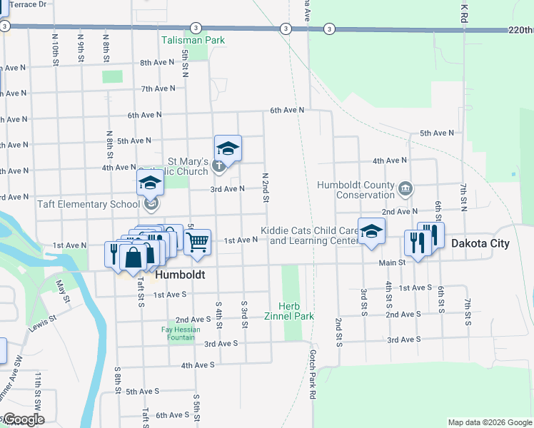 map of restaurants, bars, coffee shops, grocery stores, and more near 198 N 2nd St in Humboldt
