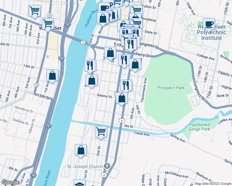 map of restaurants, bars, coffee shops, grocery stores, and more near 10 Washington Place in Troy
