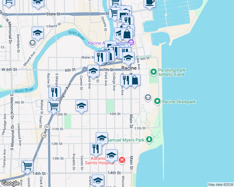 map of restaurants, bars, coffee shops, grocery stores, and more near 901 College Avenue in Racine