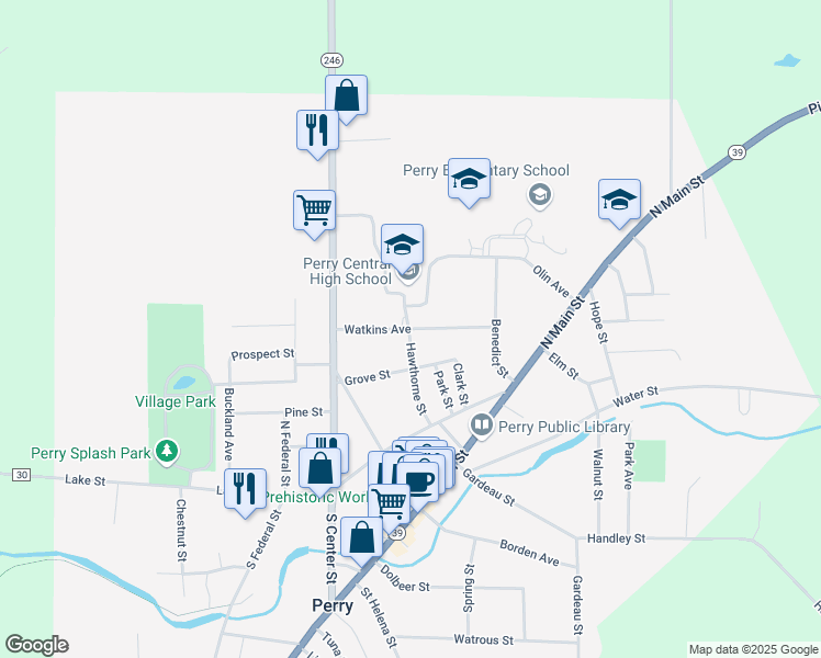 map of restaurants, bars, coffee shops, grocery stores, and more near 33 Watkins Avenue in Perry