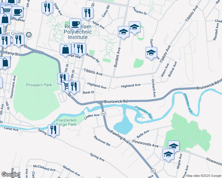 map of restaurants, bars, coffee shops, grocery stores, and more near 29 Brunswick Road in Troy