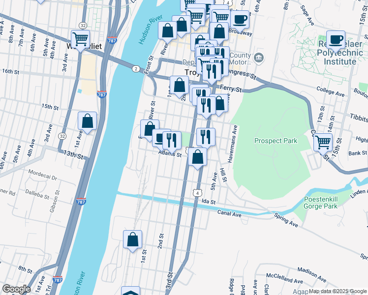 map of restaurants, bars, coffee shops, grocery stores, and more near in Troy