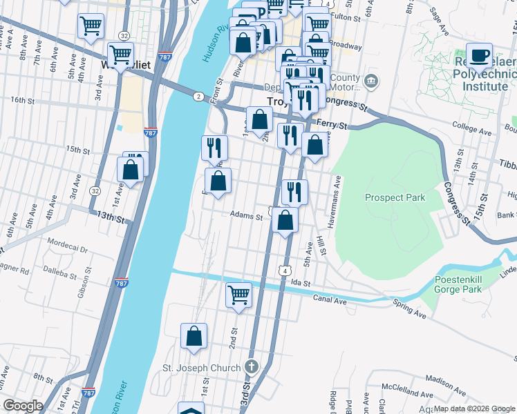 map of restaurants, bars, coffee shops, grocery stores, and more near 222 2nd Street in Troy