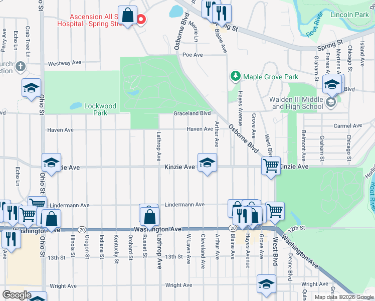 map of restaurants, bars, coffee shops, grocery stores, and more near 825 West Lawn Avenue in Racine