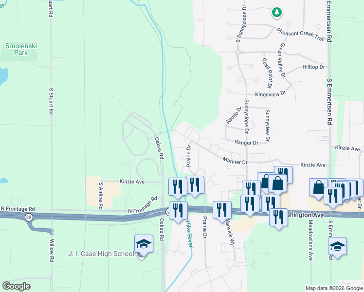 map of restaurants, bars, coffee shops, grocery stores, and more near 1020 Prairie Drive in Mount Pleasant