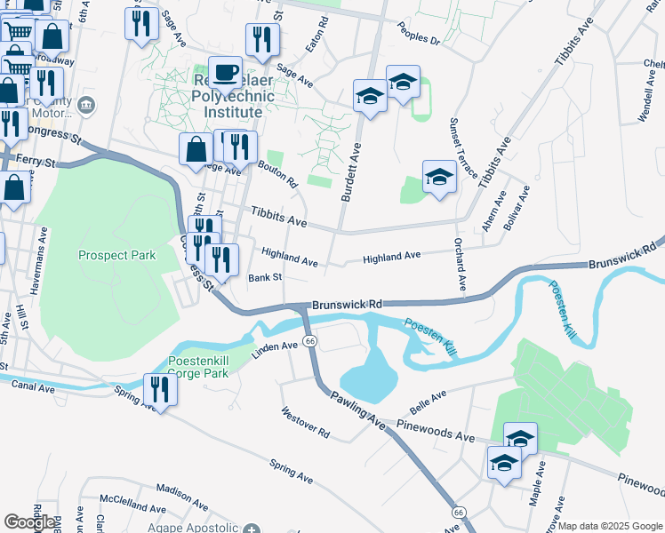 map of restaurants, bars, coffee shops, grocery stores, and more near 29 Brunswick Road in Troy