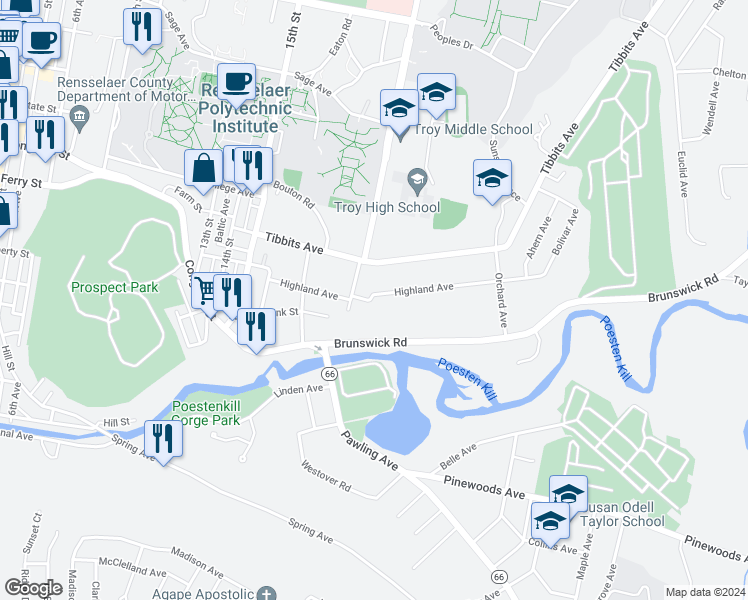 map of restaurants, bars, coffee shops, grocery stores, and more near 1820 Highland Avenue in Troy