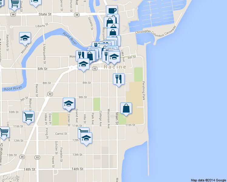 map of restaurants, bars, coffee shops, grocery stores, and more near 826 Main Street in Racine
