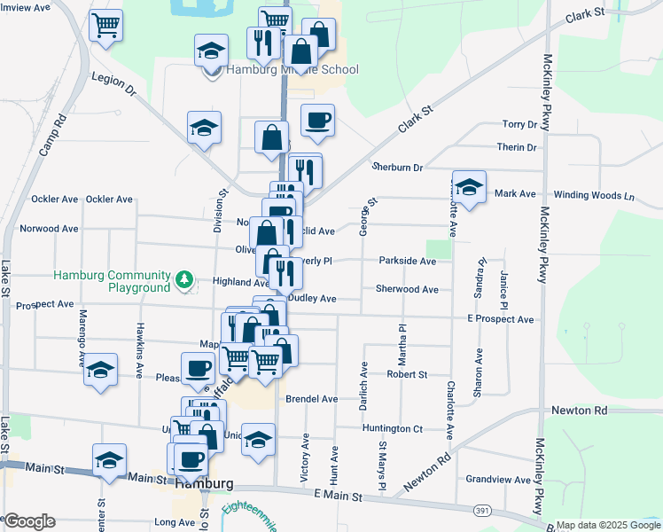 map of restaurants, bars, coffee shops, grocery stores, and more near 63 Beverly Place in Hamburg
