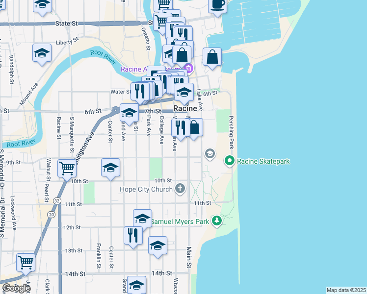 map of restaurants, bars, coffee shops, grocery stores, and more near 826 Main Street in Racine