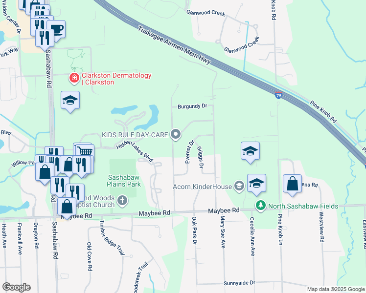 map of restaurants, bars, coffee shops, grocery stores, and more near 5719 Griggs Drive in Clarkston