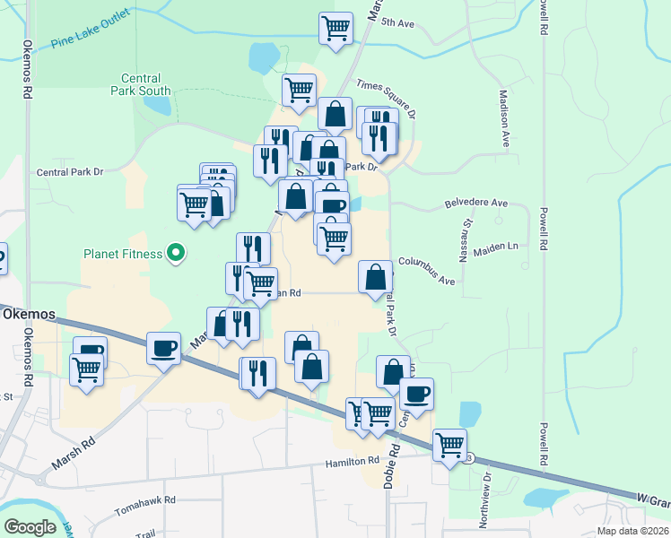 map of restaurants, bars, coffee shops, grocery stores, and more near 4884 Marsh Road in Meridian charter Township