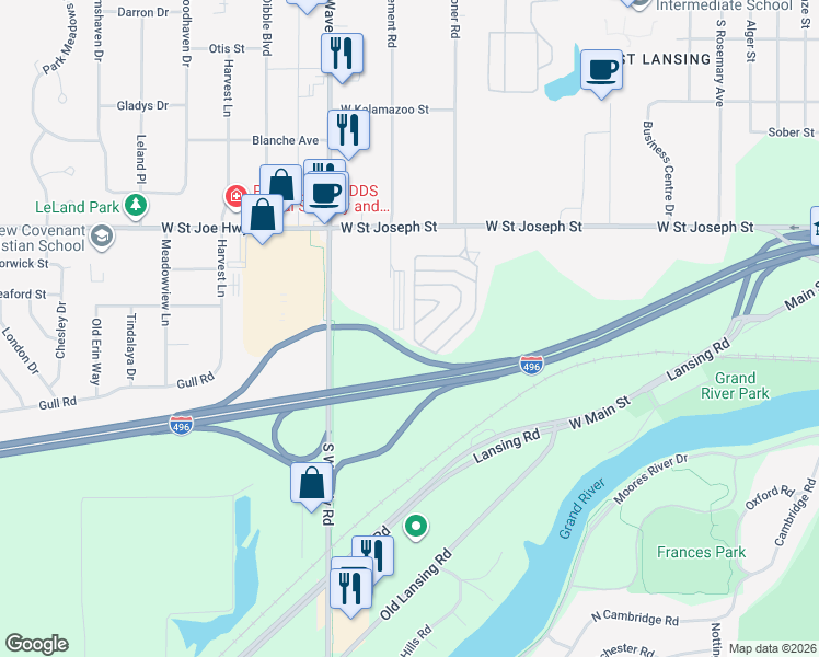 map of restaurants, bars, coffee shops, grocery stores, and more near 838 Crown Point Drive in Lansing