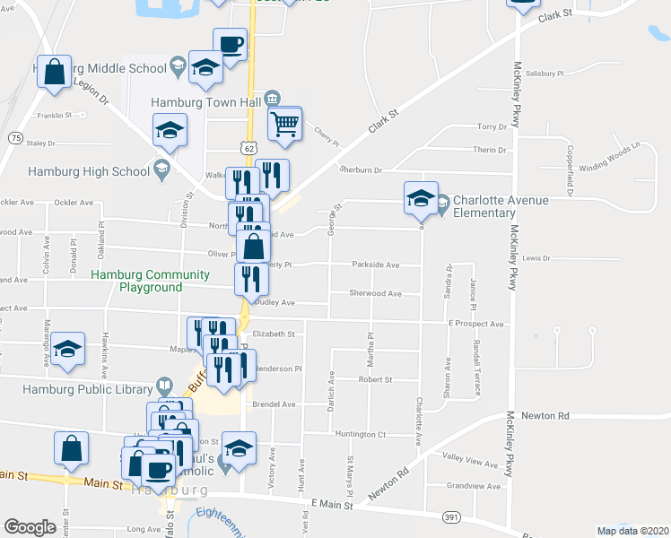 map of restaurants, bars, coffee shops, grocery stores, and more near 57 George Street in Hamburg