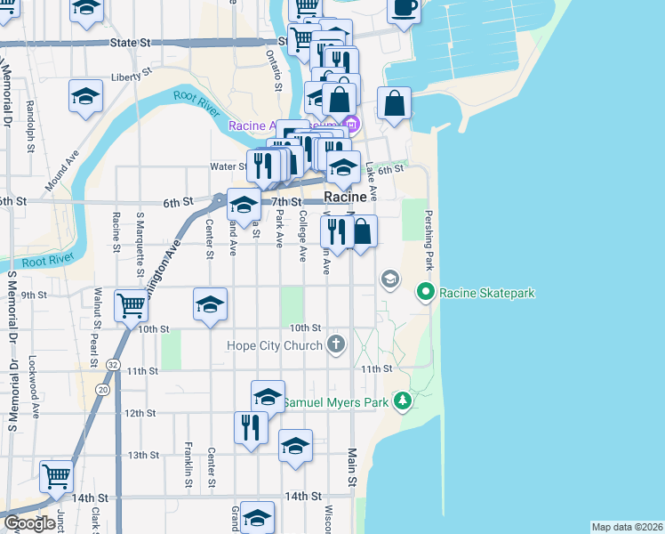 map of restaurants, bars, coffee shops, grocery stores, and more near 900 Main Street in Racine