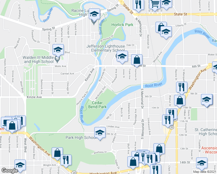 map of restaurants, bars, coffee shops, grocery stores, and more near 1807 Clayton Avenue in Racine