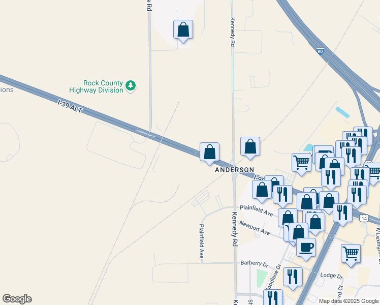 map of restaurants, bars, coffee shops, grocery stores, and more near 1328 U.S. 14 in Janesville