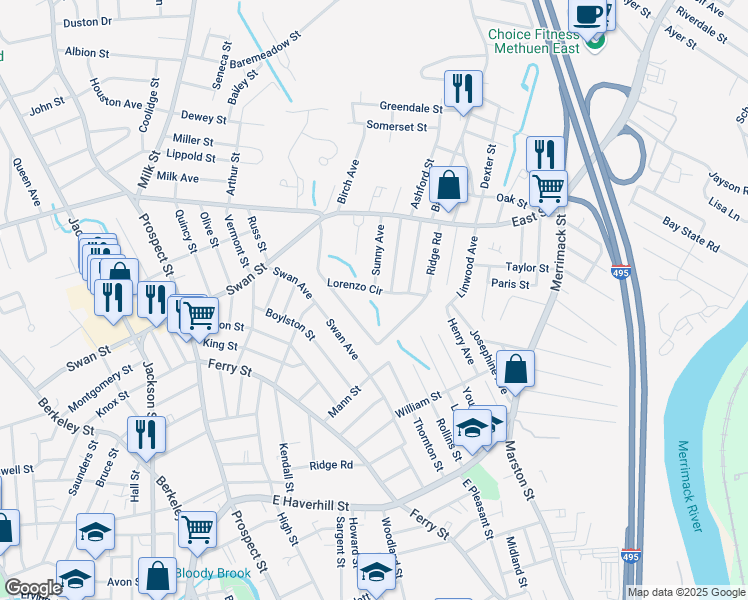 map of restaurants, bars, coffee shops, grocery stores, and more near 30 Lorenzo Circle in Methuen