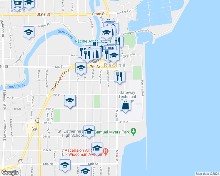 map of restaurants, bars, coffee shops, grocery stores, and more near 825 Wisconsin Avenue in Racine