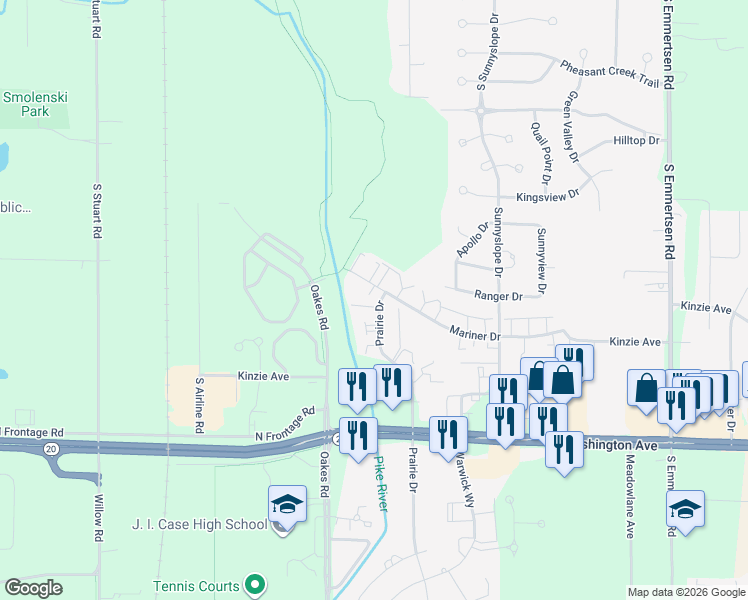 map of restaurants, bars, coffee shops, grocery stores, and more near 920 Prairie Drive in Mount Pleasant