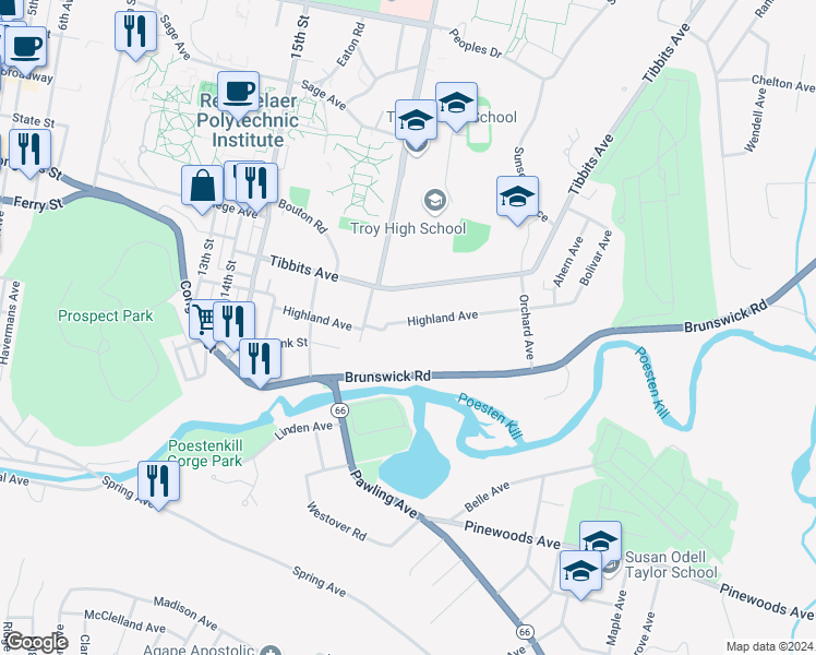 map of restaurants, bars, coffee shops, grocery stores, and more near 39 Brunswick Road in Troy