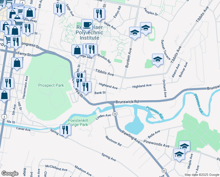 map of restaurants, bars, coffee shops, grocery stores, and more near 52 Bank Street in Troy