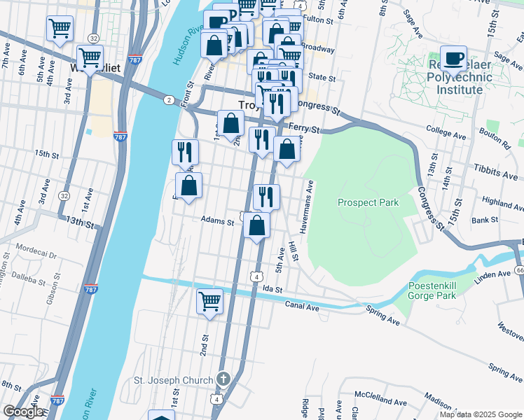 map of restaurants, bars, coffee shops, grocery stores, and more near 108 Adams Street in Troy