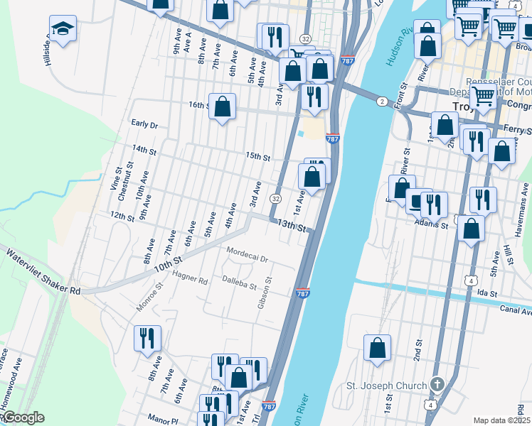 map of restaurants, bars, coffee shops, grocery stores, and more near 1287 2nd Avenue in Watervliet