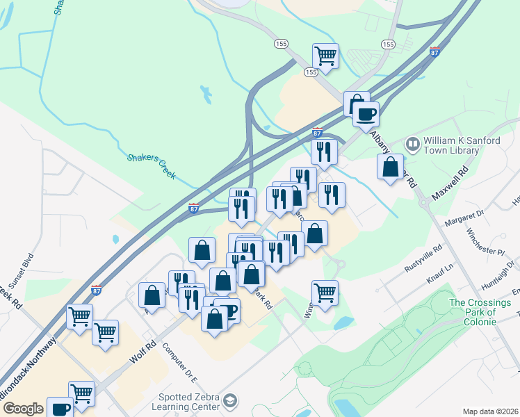 map of restaurants, bars, coffee shops, grocery stores, and more near 186 Wolf Road in Colonie