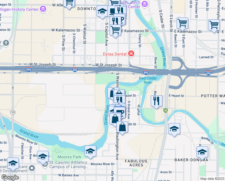 map of restaurants, bars, coffee shops, grocery stores, and more near 820 West Hazel Street in Lansing