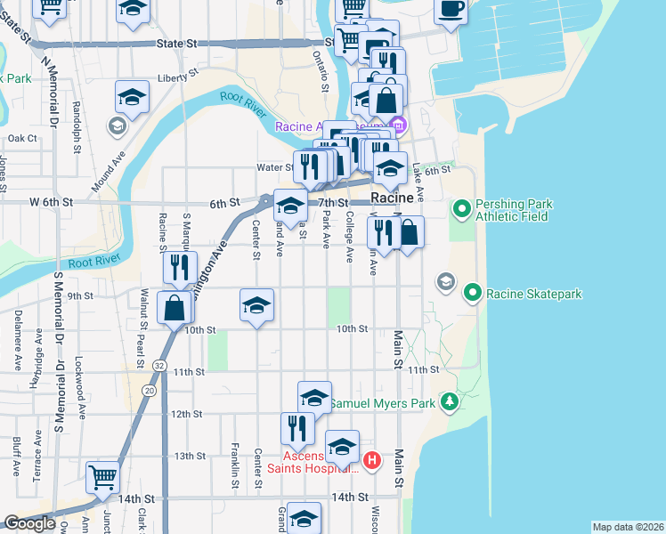 map of restaurants, bars, coffee shops, grocery stores, and more near 846 Park Avenue in Racine